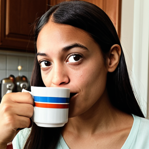 Home 4 **Prompt:** A close-up portrait of Alexandria Ocasio-Cortez, mid-conversation, exuding authenticity and warmth. She is in a casual, relatable setting like a modern kitchen or living room, perhaps holding a cup of tea or gesturing while explaining a complex concept using everyday objects. The lighting is natural and inviting, emphasizing sincerity and direct human connection, with subtle visual cues of digital interaction like faint glowing outlines of social media icons around her, suggesting her online presence. *Focus on relatability, sincerity, and direct communication in digital politics.*