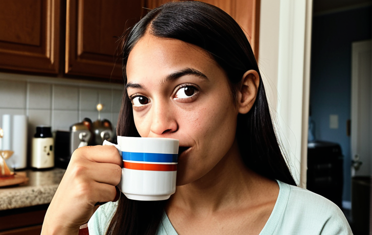 **Prompt:** A close-up portrait of Alexandria Ocasio-Cortez, mid-conversation, exuding authenticity and warmth. She is in a casual, relatable setting like a modern kitchen or living room, perhaps holding a cup of tea or gesturing while explaining a complex concept using everyday objects. The lighting is natural and inviting, emphasizing sincerity and direct human connection, with subtle visual cues of digital interaction like faint glowing outlines of social media icons around her, suggesting her online presence. *Focus on relatability, sincerity, and direct communication in digital politics.*
