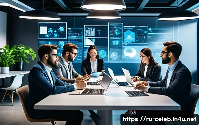 세르게이 브린 Sergey Brin    구글 공동창업자 기술 혁신 사업 전략 - A modern corporate office environment depicting a diverse team of professionals engaged in a creativ...