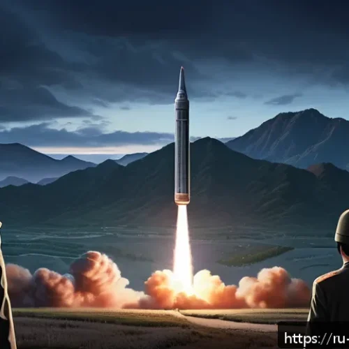 Home 14 김정은 Kim Jong un 북한 지도자 핵 문제 국제 관계 - A detailed and realistic depiction of a North Korean missile test site during a twilight launch, sho...
