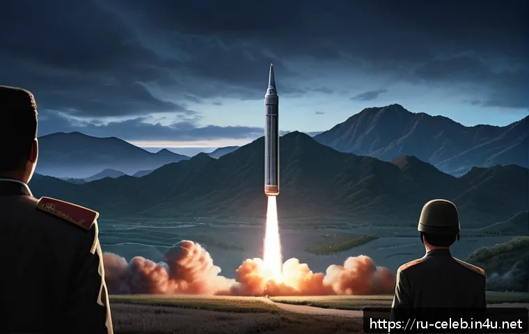 김정은 Kim Jong un    북한 지도자 핵 문제 국제 관계 - A detailed and realistic depiction of a North Korean missile test site during a twilight launch, sho...